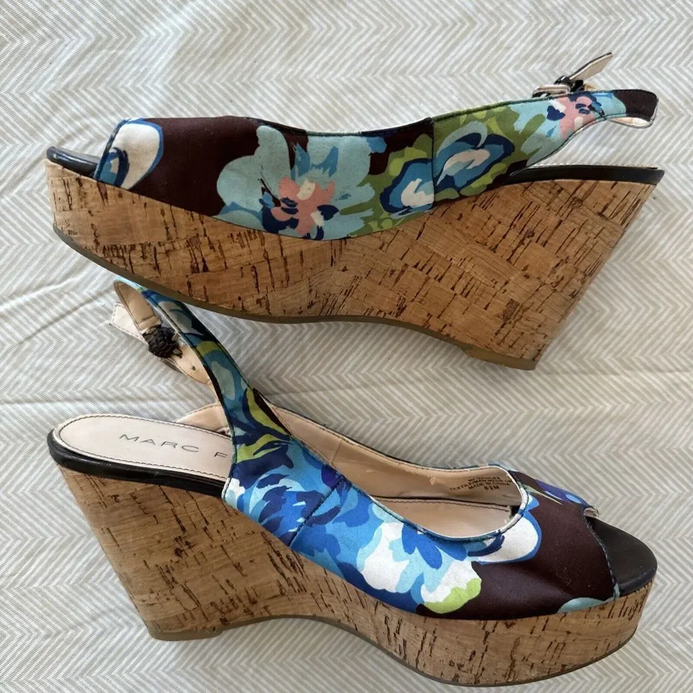 Marc Fisher Shoes Wedges‎ Peep Toe Heels Floral Cork Womens 6.5